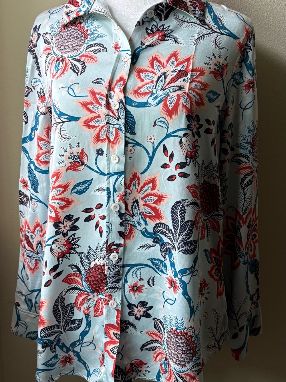 Chicos 100% Modal Floral Button Down Blouse Blue Rust Brown Small 4 6 -0